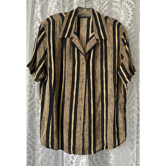 VTG 80s Linda Allard Ellen Tracy Black Beige Striped Button-Up Shirt 100% Silk‎ - Picture 1 of 5
